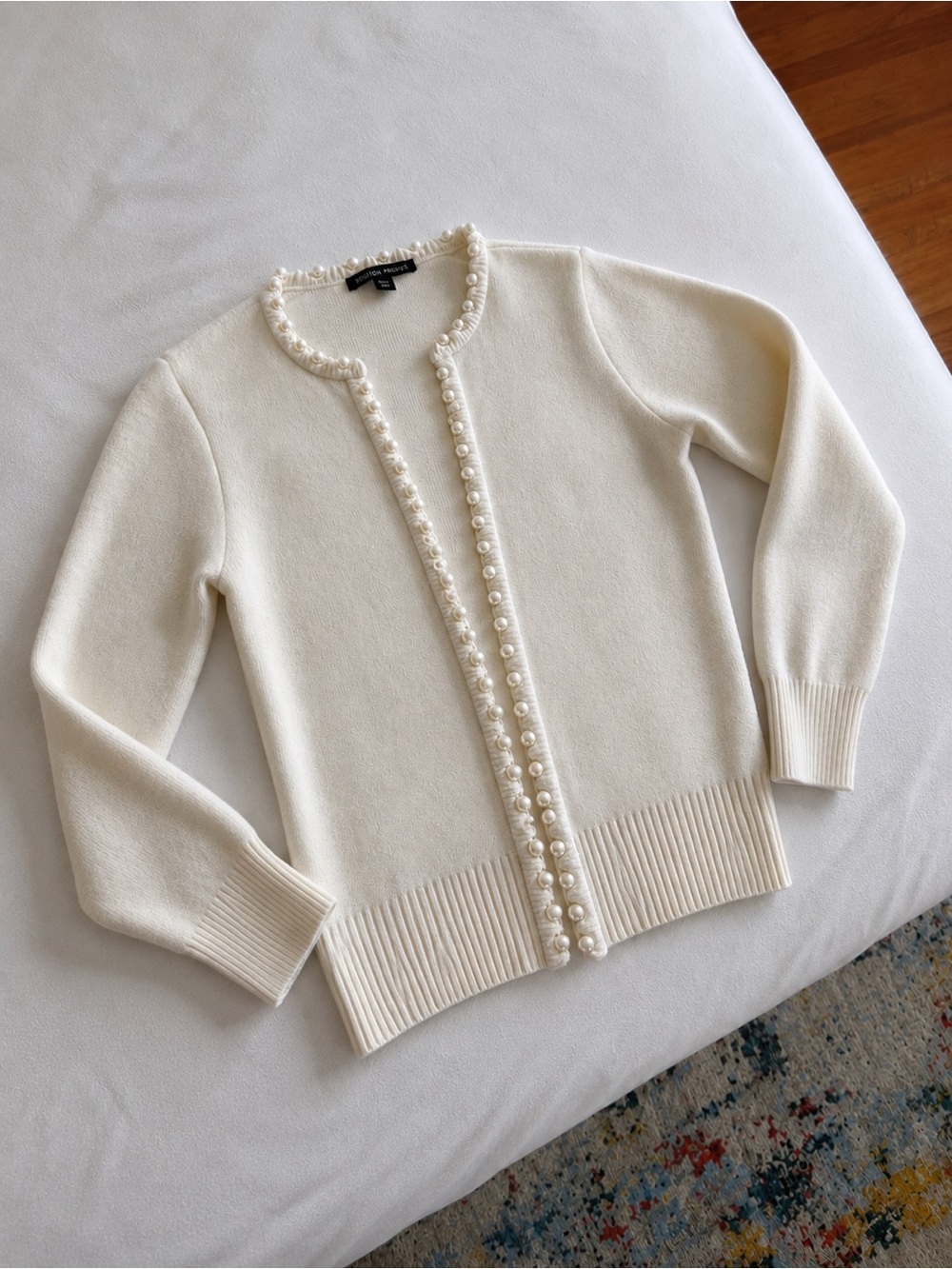 Boston Proper Ivory Pearl-Trim Cardigan